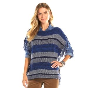 Chaps (JN8-20*) Cotton Blend Fringed Poncho Sweater Blue Multi  Sz XL
